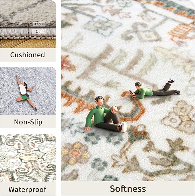 2x6 Hallway Washable Runner Rug - Soft Non Slip Vintage Rugs for Entryway Low-Pile Farmhouse Neutral Kitchen Runners Living Room Floor Mat Stain Resistant Distressed Carpet for Bedroom Bathroom Green