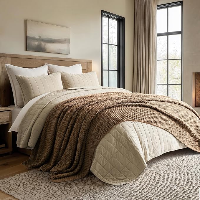 EVERGRACEHOME Chunky Chenille Knit Throw Blanket for Couch, Soft Luxurious Oversized Queen Moss Stitch Blanket for Bed, Cozy Farmhouse Knitted Throw for Sofa, Camel Brown, 90" x 90"
