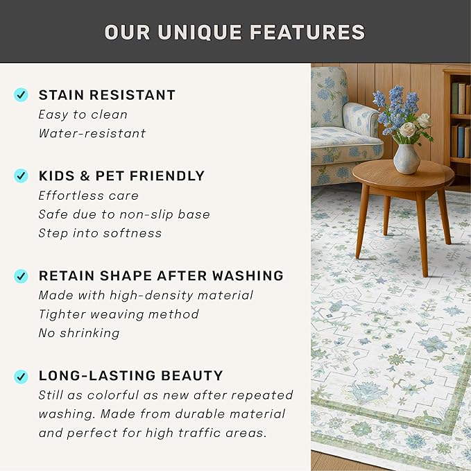 Cream Green Large 8x12 Area Rug for Living Room - Washable Non Skid Geometric Floral Carpet for Dining Room, Playroom, Bedroom - Blue and Green Soft Floral Rug