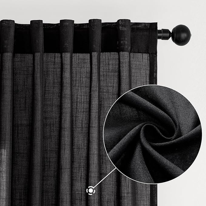 MIULEE Black Linen Curtains 90 Inch Length 2 Panels for Bedroom Living Room, Soft Thick Linen Textured Back Tab Window Drapes Semi Sheer Light Filtering Rod Pocket Modern Farmhouse Halloween Decor