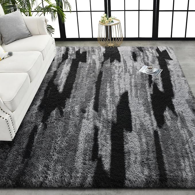 TWINNIS Super Soft Shaggy Rugs Fluffy Carpets, 5x8 Feet, Indoor Modern Plush Area Rugs for Living Room Bedroom Kids Room Nursery Home Decor, Upgrade Anti-Skid Rectangular Fuzzy Rug, Black Gray