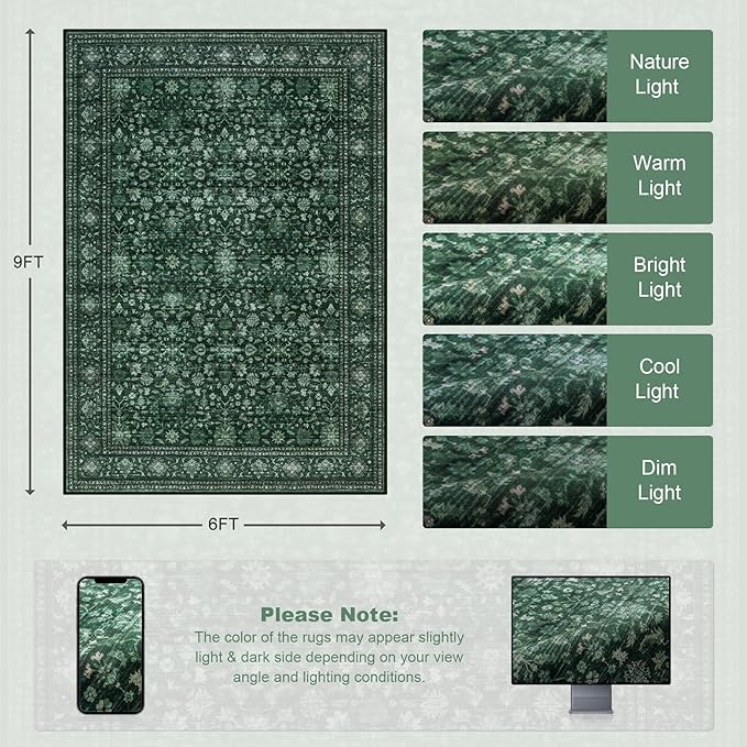 6x9 Area Rugs Living Room Rug: Washable Vintage Distressed Floral Rug No Slip Stain Resistant Soft Carpet Indoor Large Carpets for Bedroom Dining Room Farmhouse Nursery Home Office Deep Green