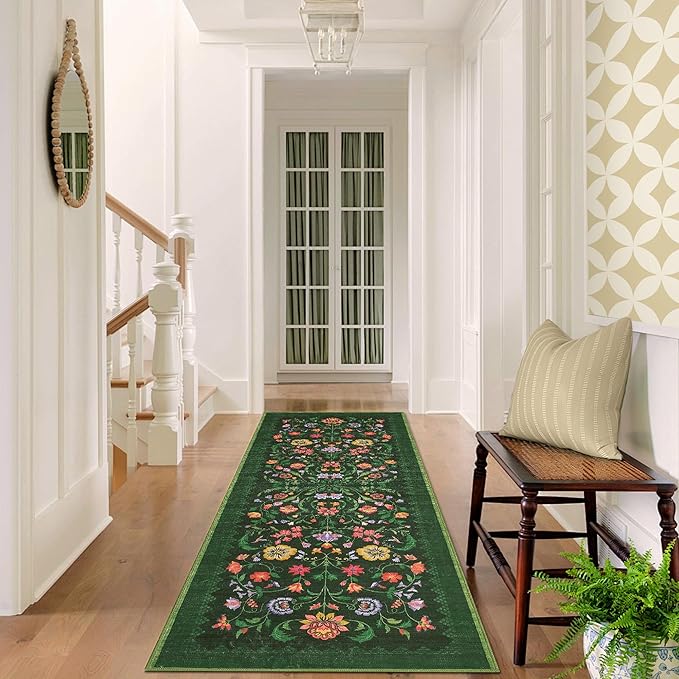 Protea Floral Rug 2x6 Runners for Hallways, Boho Kitchen Runner Rugs Non Slip Bath Runners, Vintage Washable Runner Rug for Bedroom, Soft Long Rugs for Entryway Bathroom Laundry Dorm, Forest Green