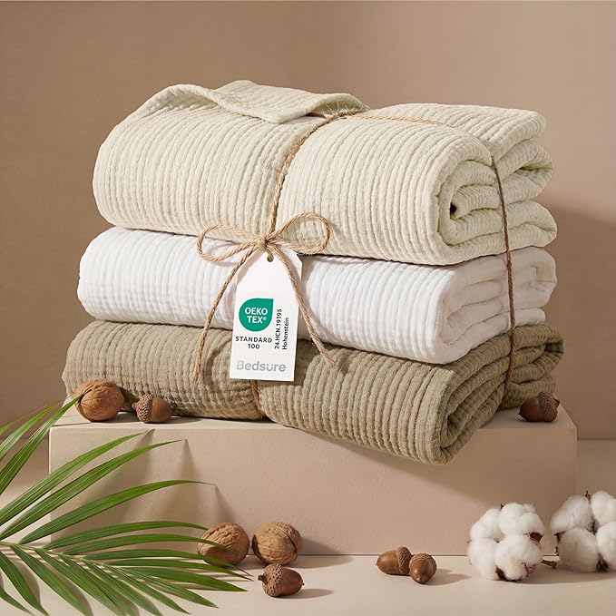 Bedsure 100% Cotton Muslin Throw Blanket Twin XL for Bed - 4-Layer Breathable and Lightweight Thin Soft Summer Gauze Muslin Blankets for Adults, Light Brown, 66x90 Inches