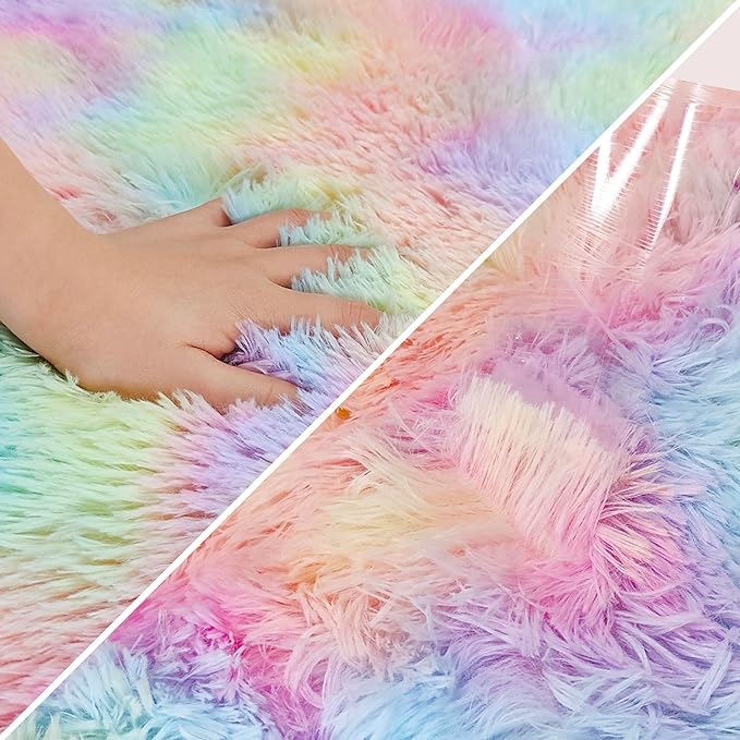 Fluffy Rainbow Rug for Girls Bedroom 2x8 Feet Kawaii Tie Dye Area Rug Colorful Unicorn Runner Rug for Kids Teens Nursery Baby Princess Room Living Room Home Decor Carpets