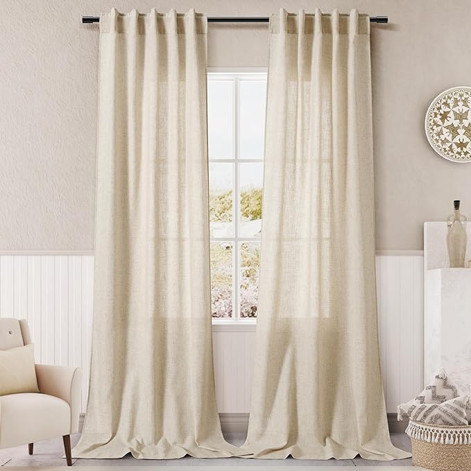 Beige Linen Curtain 96 inches Long for Living Room Back Tab Neutral Vintage Country Rustic Farmhouse Curtain Burlap Textured Canvas Cloth Look Drapes 96 inch Length for Dinning Room Bedroom 8 FT