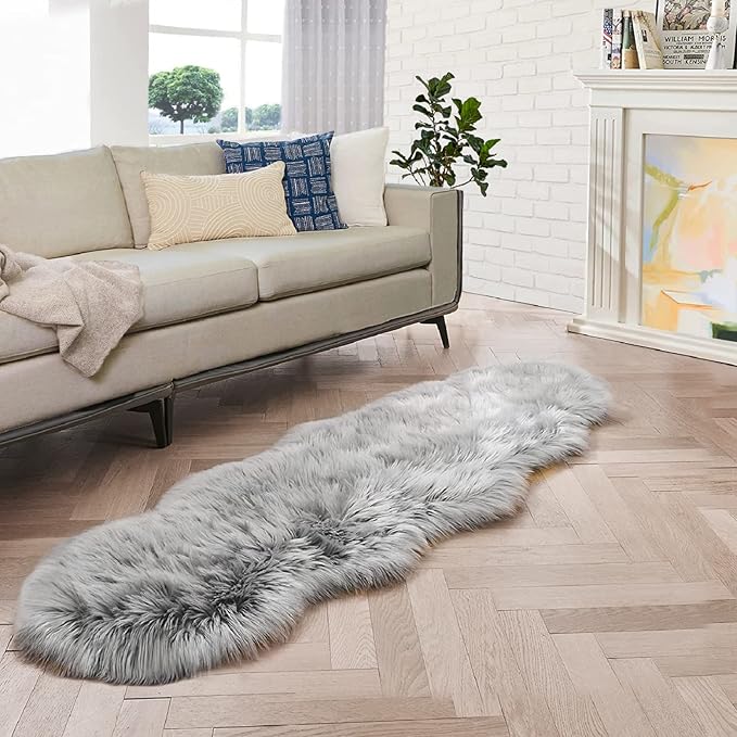 ORINOVA Light Gray Washable Fuzzy Fur Runner Rugs for Living Room Nursery Rugs for Bedroom Faux Sheepskin Shag Rug 2x6 Teen Room Décor
