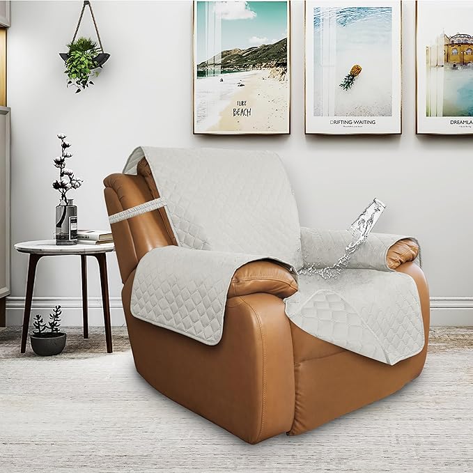 ISSUNTEX Double Protection 100% Waterproof Recliner Covers for Living Room, Reversible Furniture Protector Recliner Couch Sofa Slipcover for Dogs, Pets, Kids (Oversized Recliner, Ivory/Ivory)