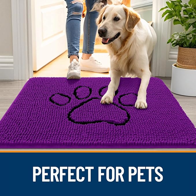 OLANLY Dog Door Mat for Muddy Paws 36x24, Paw Print Design, Absorbs Moisture and Dirt, Absorbent Non-Slip Washable Doormat, Quick Dry Chenille Mud Mat for Dogs, Entry Indoor Entryway Carpet, Purple