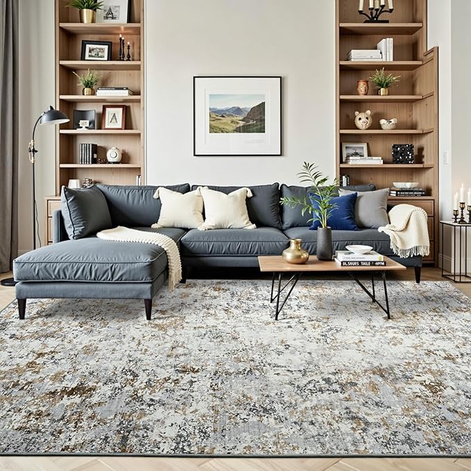 Toneed Abstract Area Rug Modern Washable Rug Soft Non Slip Rug Low Pile for Bedroom Living Room Dining Room Brown/Grey 8x10 Feet