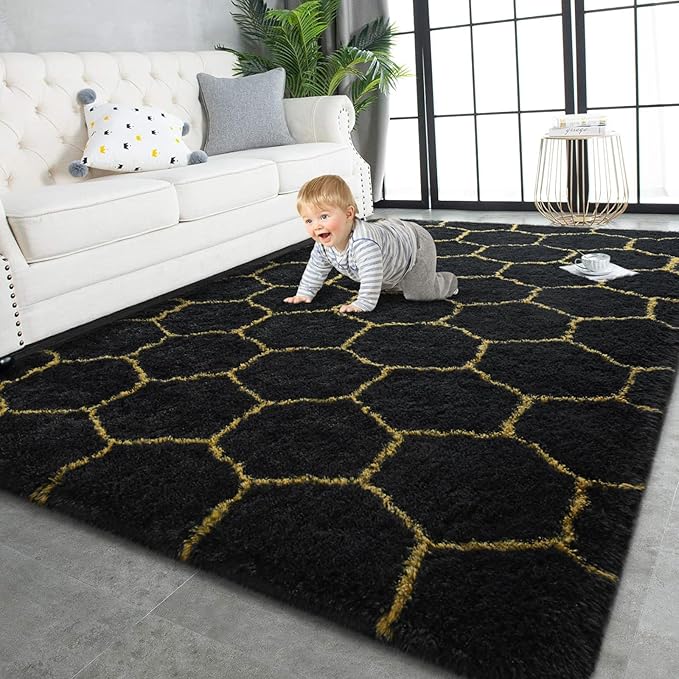 TWINNIS Super Soft Shaggy Rugs Fluffy Carpets, 4x5.9 Feet, Indoor Modern Plush Area Rugs for Living Room Bedroom Kids Room Nursery Home Decor, Upgrade Anti-Skid Rectangular Fuzzy Rug, Black Gold