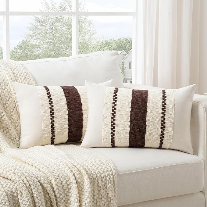 Fancy Homi Set of 1 Boho Brown Long Lumbar Decorative Throw Pillow Cover 12x24 Inch for Couch Bed Sofa Chair, Modern Organic Farmhouse Home Decor, Soft Cotton Cute Accent Rectangle Cushion Case