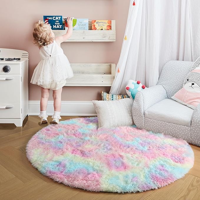 Amdrebio Rainbow Fluffy Round Rug 7Ft Kids Rugs for Girls Bedroom, Unicorn Room Decor, Colorful Pastel Big Large Carpet for Baby Nursery Playroom, Cute Shaggy Kawaii Circle Area Rug for Teen Princess