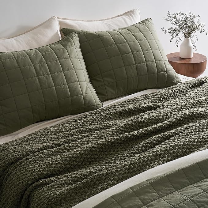 EVERGRACEHOME Chunky Chenille Knit Throw Blanket for Couch, Soft Luxurious Oversized Queen Moss Stitch Blanket for Bed, Cozy Farmhouse Knitted Throw for Sofa, Olive Green, 90" x 90"