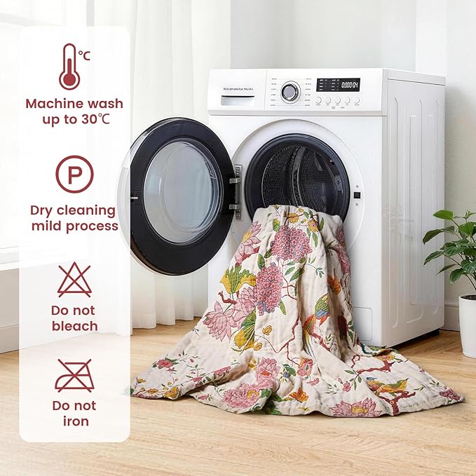 MSGKV The Boho Layer: 50"x60" Cotton Throw Blanket – Lightweight & Reversible Chinoiserie Floral & Bird Pattern, Spring Decorative Accent for Couch Snuggles, Bed Layers & Road Trips