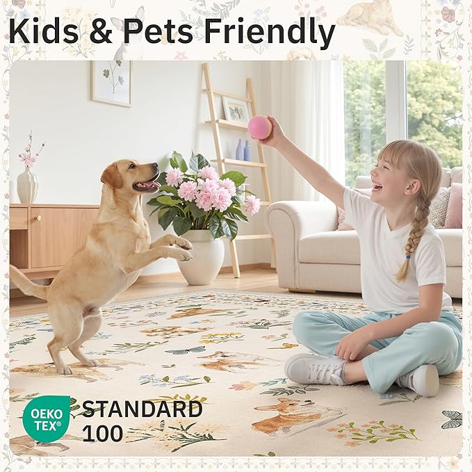 2x3 Dog Rugs for Entryway, Machine Washable Door Mat Animal Floral Small Area Rug Non-Slip Low Pile Soft Throw Rugs for Entrance Kitchen Indoor Front Door Kids Room (2 x 3,Beige)