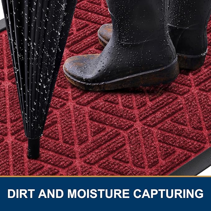 Smiry Front Door Mat Outside Entrance, Heavy Duty Sturdy Natural Rubber Doormat, Trap Dirt and Moisture, Easy Clean Low Profile Mats for Indoor Outdoor Entry, Grid Geometric (35x23, Wine Red)