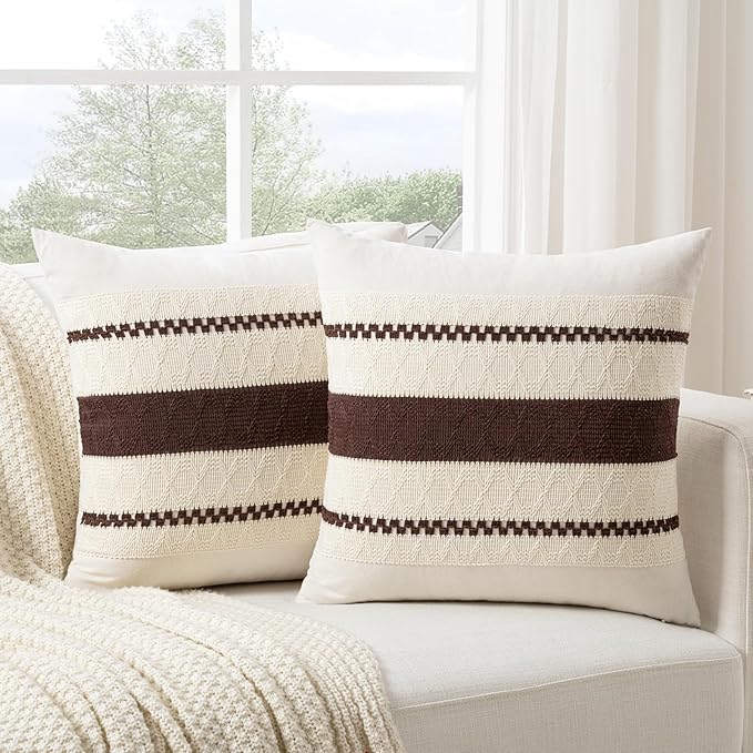 Fancy Homi Set of 1 Boho Brown Decorative Throw Pillow Cover 20x20 Inch for Couch Bed Sofa, Aesthetic Modern Organic Farmhouse Home Decor, Soft Cotton Cute Accent Macrame Woven Cushion Case