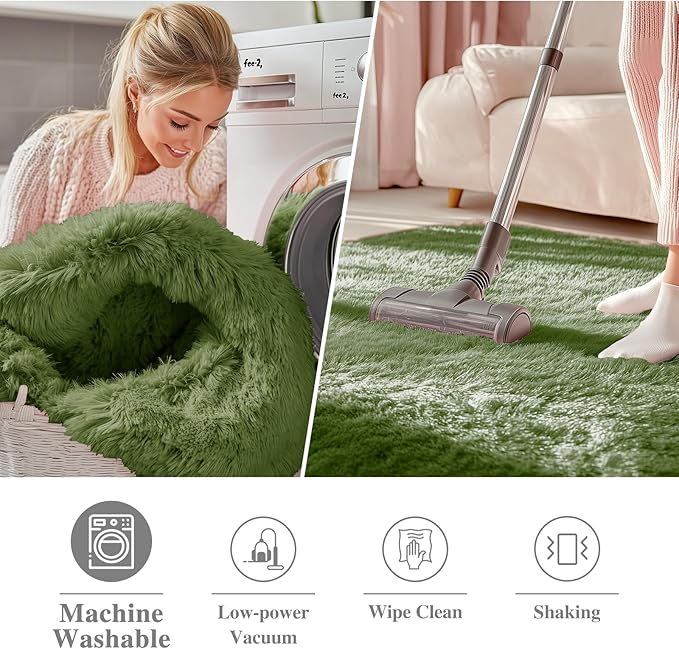 OLANLY Green Round Rugs for Bedroom - Machine Washable, 5 ft Circle Area Rugs for Living Room, Soft and Fluffy Shaggy Carpet for Teen Girl and Boys, Nursery Rooms, Dorms, Home Decor Aesthetic