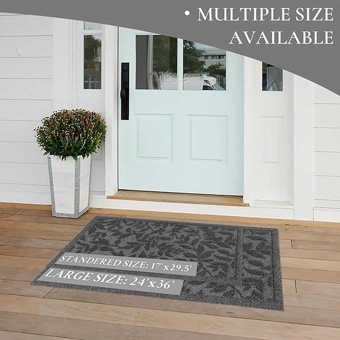 Grey Leaves Outdoor Indoor Entrance Doormats, Absorbent Durable Heavy Duty Welcome Front Door Mat,Thick Natural Rubber Back,Easy Clean Entryway Mat 23x35 Inch, Low Profile