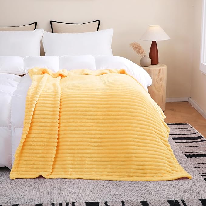 Light Yellow Fleece Throw Blanket 60”×80” for Couch Sofa Bed,Super Soft Cozy Plush Microfiber Flannel Blanket with Stripes Design Lightweight for Adults,Woman,Girls