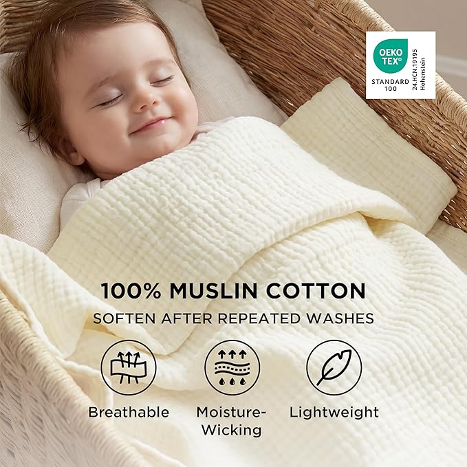 Bedsure 100% Cotton Muslin Blanket Queen Size for Bed - 4-Layer Breathable and Lightweight Thin Soft Summer Gauze Muslin Blankets for Adults, Cream, 90x90 Inches