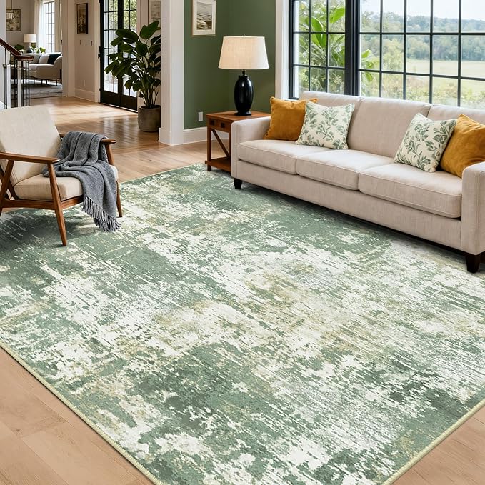 Washable Area Rugs 5'x7' Non-Slip Modern Abstract Soft for Living Room Entryway Bedroom Nursery, Print Pattern, Light Green/Yellow