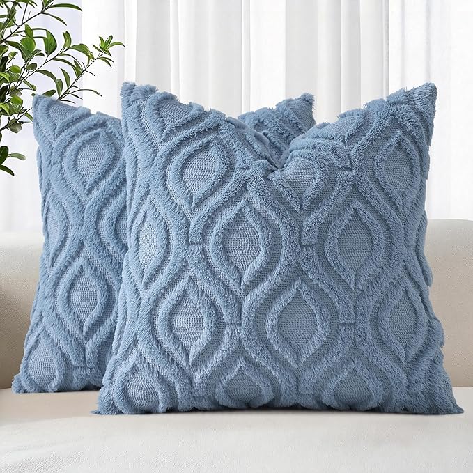 decorUhome Throw Pillow Covers 20x20 Inch Set of 2, Soft Plush Faux Wool Dusty Blue Solid Couch Pillow Covers, Accent Farmhouse Neutral Square Pillow Cases for Sofa Bed Living Room