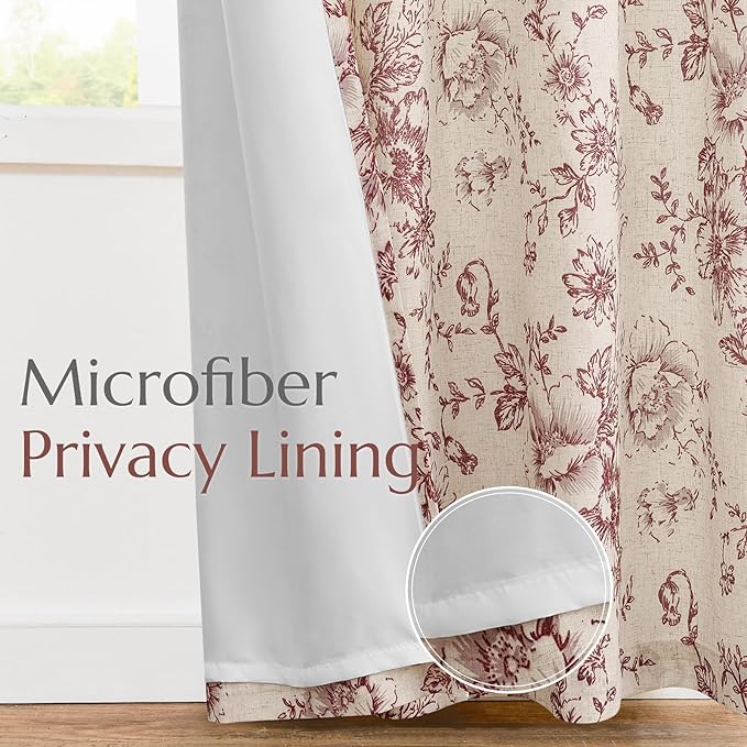 jinchan Lined Linen Blend Curtain Floral Curtains for Living Room 84 Inches Long Farmhouse Red Flower Printed Curtain Rod Pocket Back Tab Peony Patterned Drapes Curtains Set 2 Panels