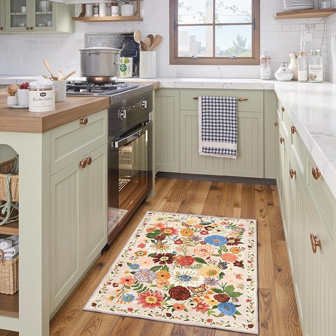 Area Rugs 24x17 Inch Home Decor Entry Rug, Small Door Mat Bath Mats for Bathroom, Ultra-Thin Non Slip Floral Rug Low Pile Tub Mat for Sink Shower Doorway Tub Kitchen Sink(2 x 1.4 ft, Beige)