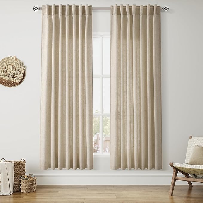 Nanspring Taupe Burlywood Curtains 72 Inches Long for Living Room Burlap Linen Textured Light Filtering Semi Sheer Curtains Back Tab Privacy Country Farmhouse Curtain for Bedroom 52x72, 2 Panels