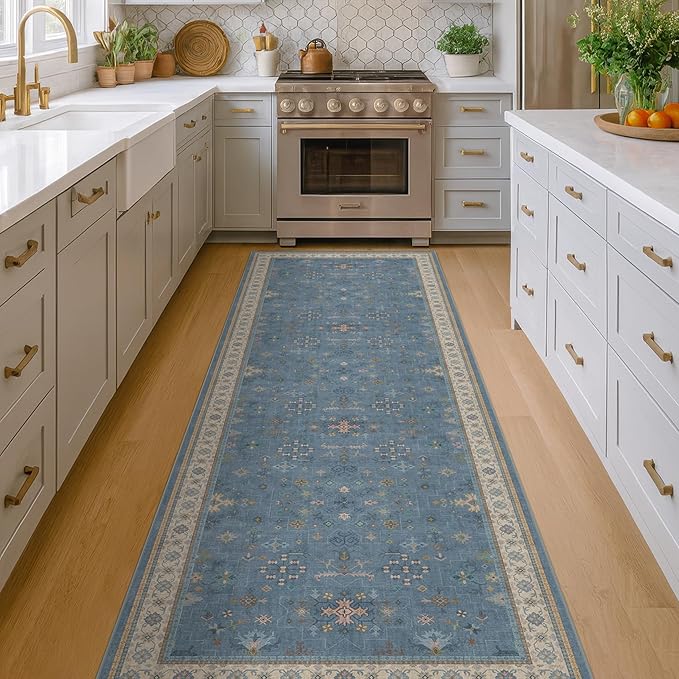 Blue Boho 2'6''x8' Wide Hallway Runner Rug - Washable Kitchen Sink Rug, Non Slip 8ft Long Runner Rug for Entryway, Colorful Modern Floral Print Home Décor