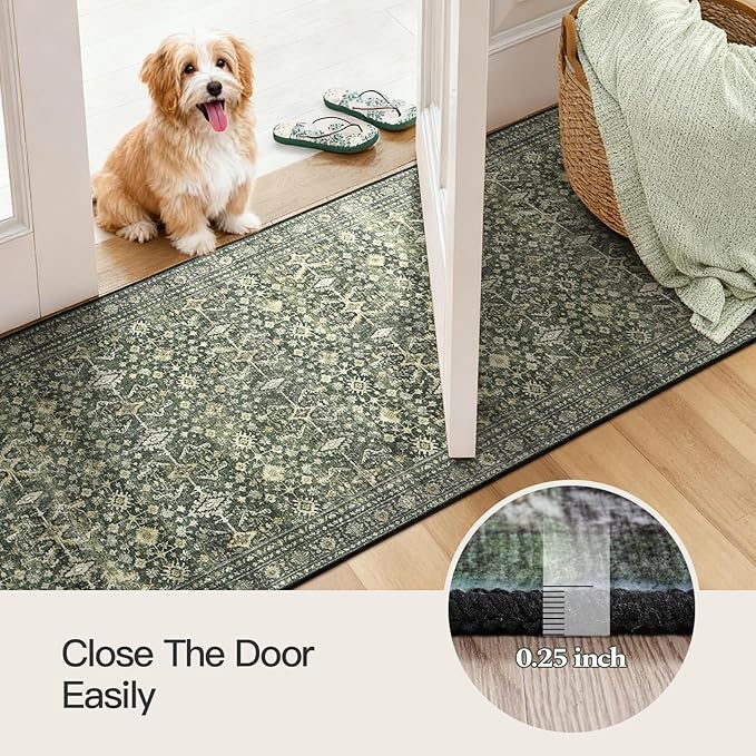 Lofus 2X 8 Area Rug for Hallways,Green Washable Runner Rugs with Non Slip Rubber Backing, Low Pile Soft Carpet Runner for Kitchen Bathroom Bedroom Laundry