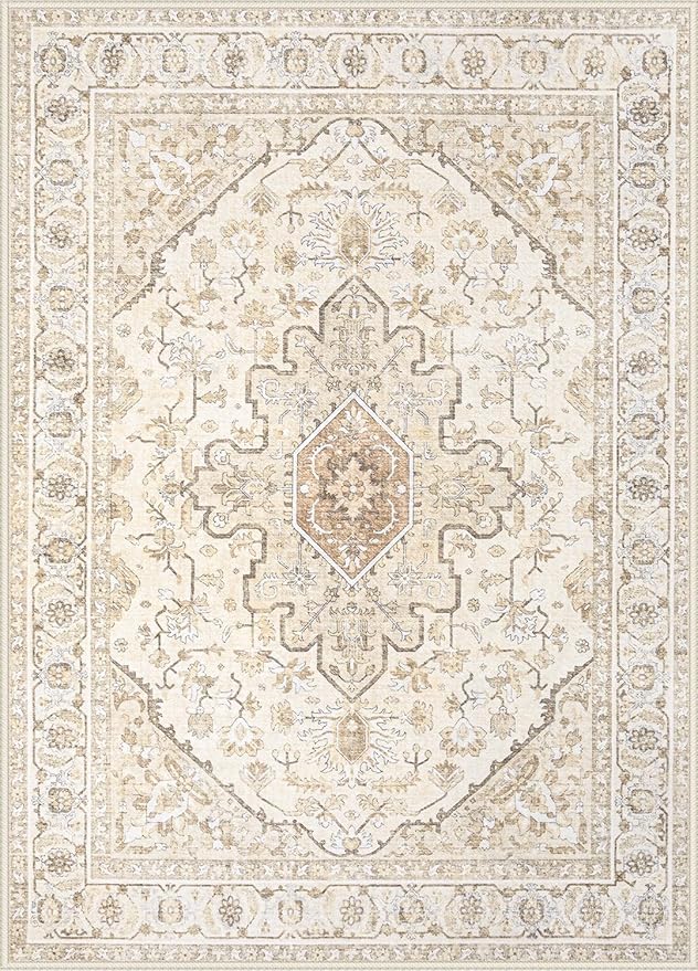 Area Rugs 8x10 Vintage Rug: Large Washable Living Room Rug Retro Medallion Distressed Soft Low Pile Non-Slip Indoor Floor Carpet for Bedroom Kitchen Nursery Dining Office (BeigeBrown, 8'x10')