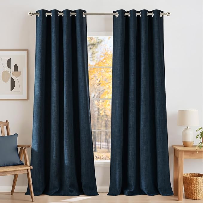 NICETOWN Faux Linen Navy Blue Blackout Curtains 84 inches Long for Living Room - Privacy Panels for Bedroom, Modern Farmhouse Style Easy Care Grommet Top, 2 Panels, W52 by L84