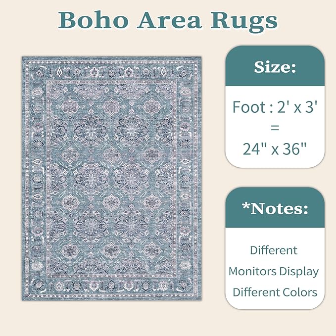 SERISSA Vintage Floral Rugs for Entryway, 2x3 Blue Grey Entryway Rug Non-Slip Washable Small Area Rug, Ultra Soft Boho Low-Pile Indoor Door Mat Floor Carpet for Entrance Bedroom Kitchen Bathroom