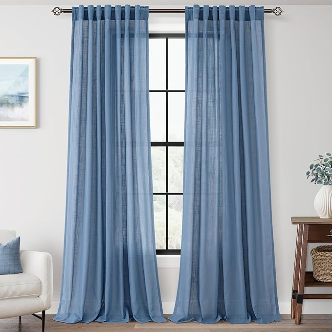Denim Blue Curtains for Living Room Back Tab Modern Farmhouse Semi Sheer Blue Curtains 144 inches Long 2 Panels Set Muted Neutral Window Curtain for Dining Room Bedroom 52x144
