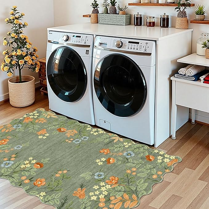 Floral Outdoor Rug - 28" x 43" Front Door Mat Indoor Outside Entrance Non-Slip Washable Outdoor Mat Sage Green Boho Flower Rug for Entryway Kitchen Bedroom Layered Doormat for Front Porch