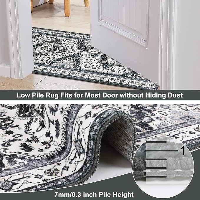 Yamaziot Washable Runner Rug, 2x8 Non-Slip Boho Vintage Hallway Rug Runner with Rubber Backing, Stain Resistant & Low Pile Faux Wool Distressed Carpet Runner for Bedroom, Kitchen, Laundry, Entrance