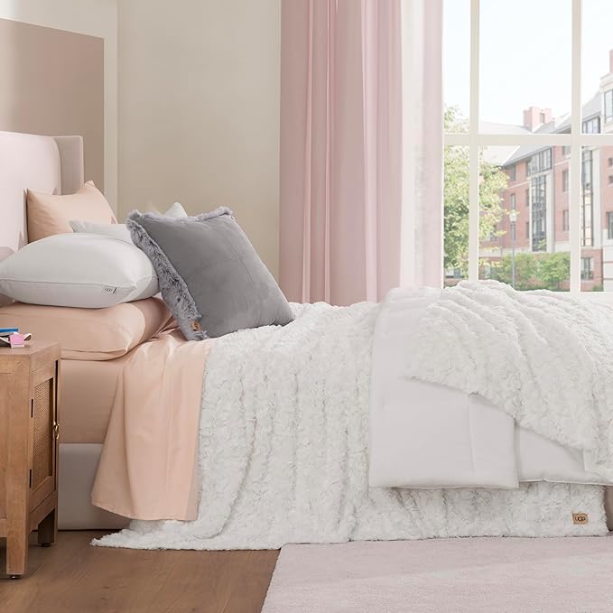 UGG Adalee Faux Fur Full/Queen Blanket for Bed, Soft Fuzzy Blanket, Warm Large Throw for Couch, Washable Full or Queen Bedding, Luxury Bedroom Decor, 90" x 90", Natural White