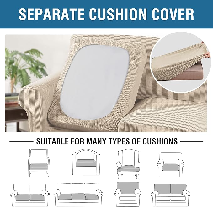 H.VERSAILTEX 3 Piece Stretch Sofa Covers for 2 Cushion Loveseat Couch Covers for Living Room Sofa Slipcovers (Base Cover Plus 2 Seat Cushion Covers) Thicker Jacquard Fabric(Medium Sofa, Natural)