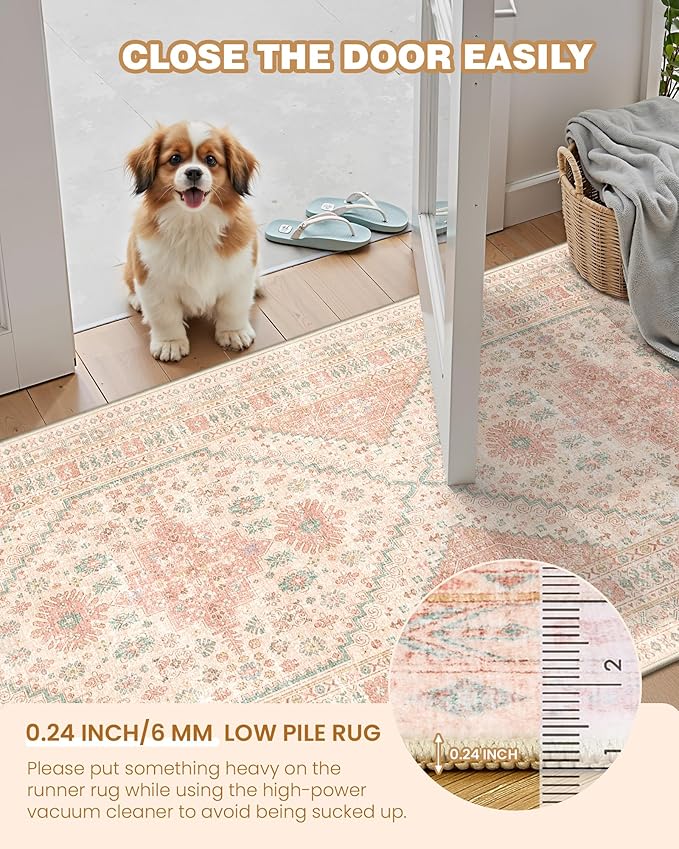 Runner Rug 2x8 Runners for Hallways Non Slip Washable, Vintage Hallway Runner Rugs for Living Room, Low Pile Soft Hallway Rug for Kitchen Bedroom Laundry Room Rug(Pink,2'x8')