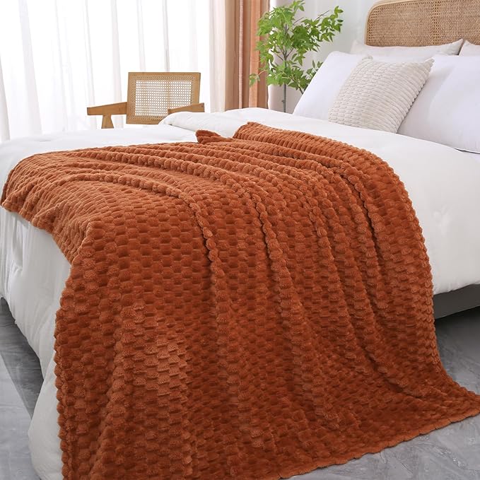 Puncuntex Burnt Orange Throw Blanket 60"×80" inches Fuzzy 3D Jacquard Decorative Flannel Fleece Super Soft Plush Cozy Blanket for Couch Sofa Chair Lightweight