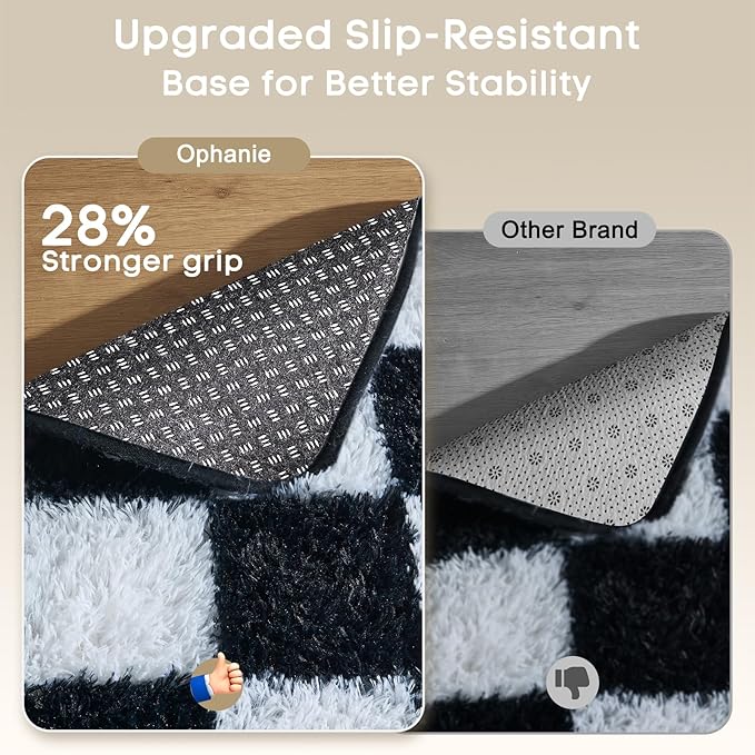 Ophanie Checkered Black & White Rug for Living Room Bedroom, Fluffy Soft Cute Fuzzy Area Rugs, Shag Plush Shaggy Bedside Floor 8x10 Furry Carpet for Kids Baby Teen Dorm Nursery Home Decor Aesthetic