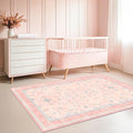 Hazo Haus Nursery Area Rug 4x6 - Pink Rugs for Girls Bedroom, Living Room - Washable Low Pile Non-Slip Charming Boho Vintage Traditional Oushak Design, Perfect for Kids Rooms