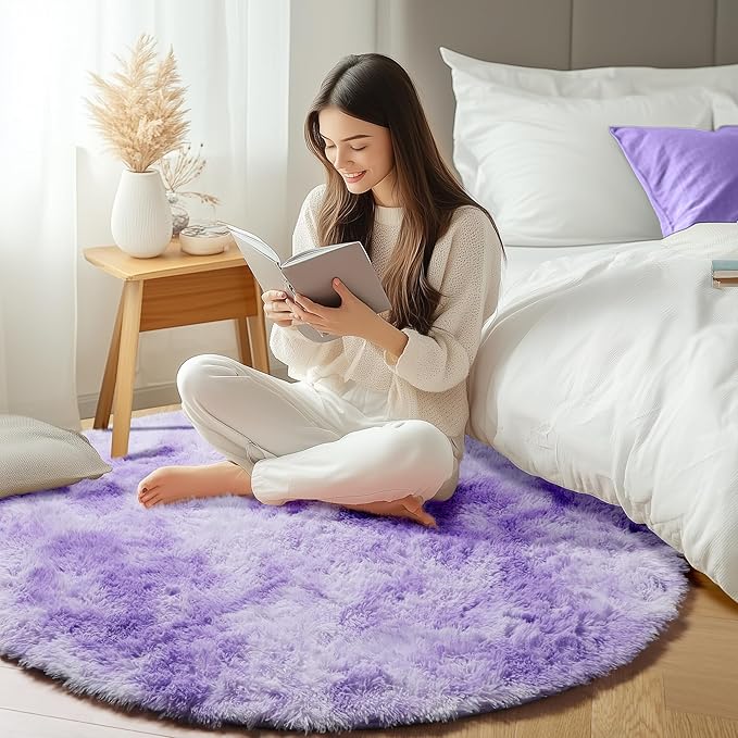 ONASAR Round Rugs 5ft for Bedroom Living Room, Tie-Dyed Purple Fluffy Circle Area Rug for Kids Girls Boys Teen, Soft Plush Shaggy Carpet for Nursery Dorm Classroom Playroom Home Decor Aesthetic