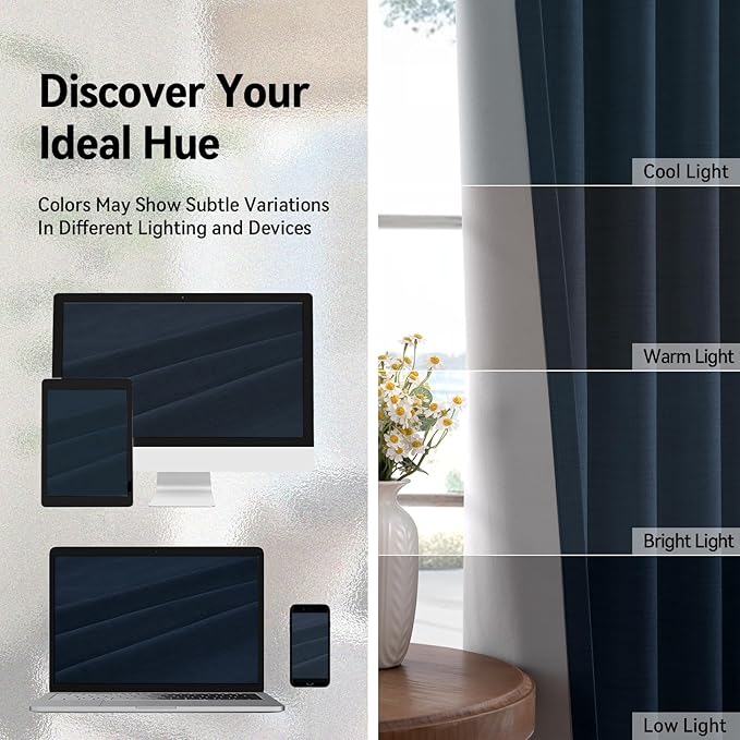 100% Blackout Shield Linen Blackout Curtains for Bedroom, Navy Blue Grommet Curtains for Living Room, Thermal Insulated Room Darkening Drapes for Nursery, Boho Home Decor, 50" W x 90" L, 2 Panels