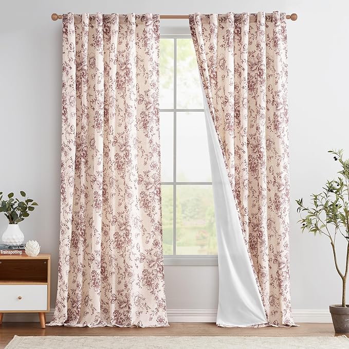 jinchan Lined Linen Blend Curtain Floral Curtains for Living Room 108 Inches Long Farmhouse Red Flower Printed Curtain Rod Pocket Back Tab Peony Patterned Drapes Curtains Set 2 Panels