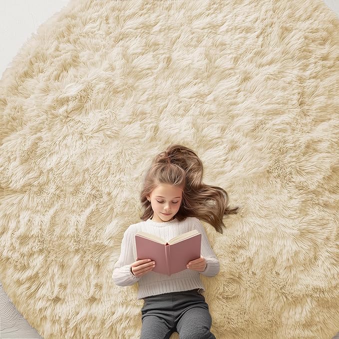 OLANLY Cream Round Rugs for Bedroom - Machine Washable, 8 ft Circle Area Rugs for Living Room, Soft and Fluffy Shaggy Carpet for Teen Girl and Boys, Nursery Rooms, Dorms, Home Decor Aesthetic