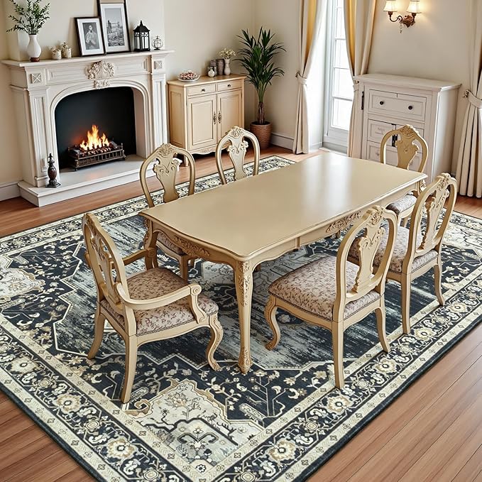 Lofus 8x10 Washable Area Rug, Vintage Floral Rugs for Living Room, Bedroom, Dinning Room, Low Pile Large Area Rugs with Non-Slip Backing, Flower Print Pattern, Black Brown